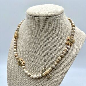 Vintage Earth Tone Stone Bead Necklace Turtle Dragonfly Boho Nature Beach Coast